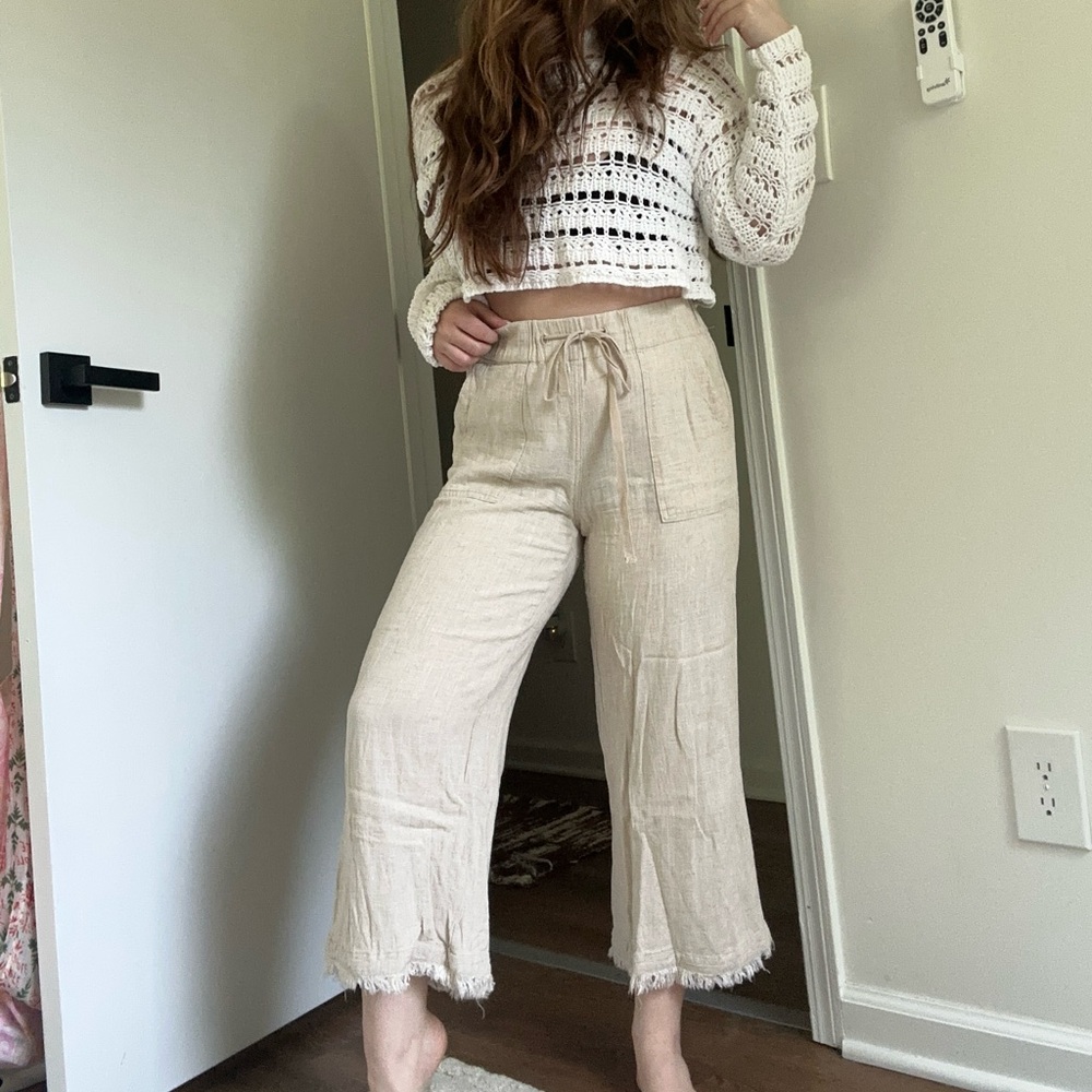 C&C California Natural Beige Wide Leg Linen-Blend Pants